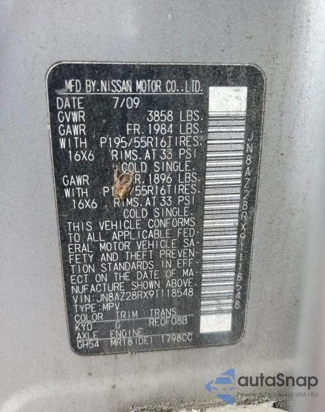 2009 Nissan Cube Base z USA, uszkodzony, nr VIN JN8AZ28RX9T118548